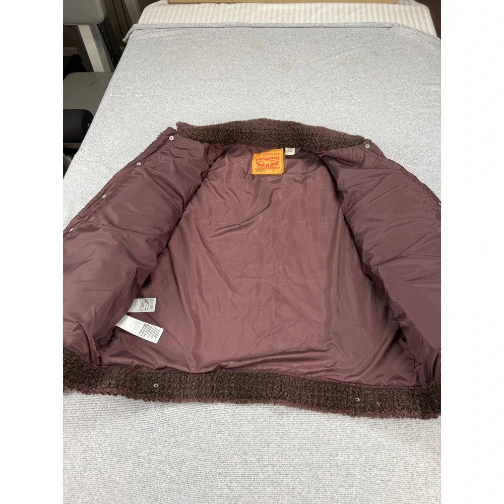 Levis Vintage Fit Sherpa Trucker Jacket Mens Large Purple Brown Plaid Fleece